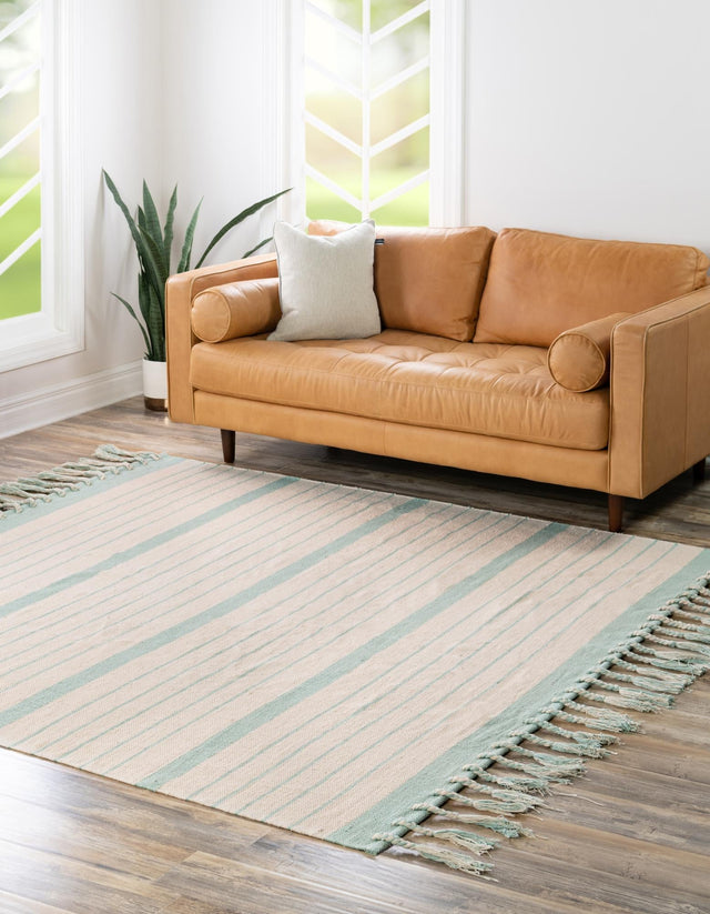 White and Aqua 7' 1 x 7' 1 Chindi Cotton Square Rug
