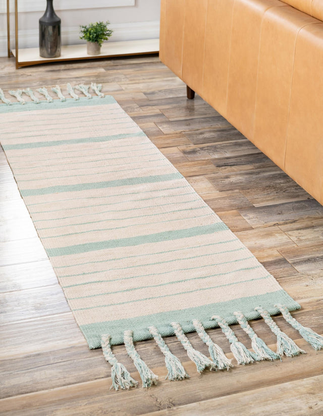 White and Aqua 3' x 10' Chindi Cotton Runner Rug