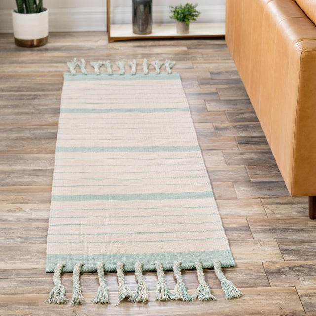 White and Aqua 3' x 10' Chindi Cotton Runner Rug