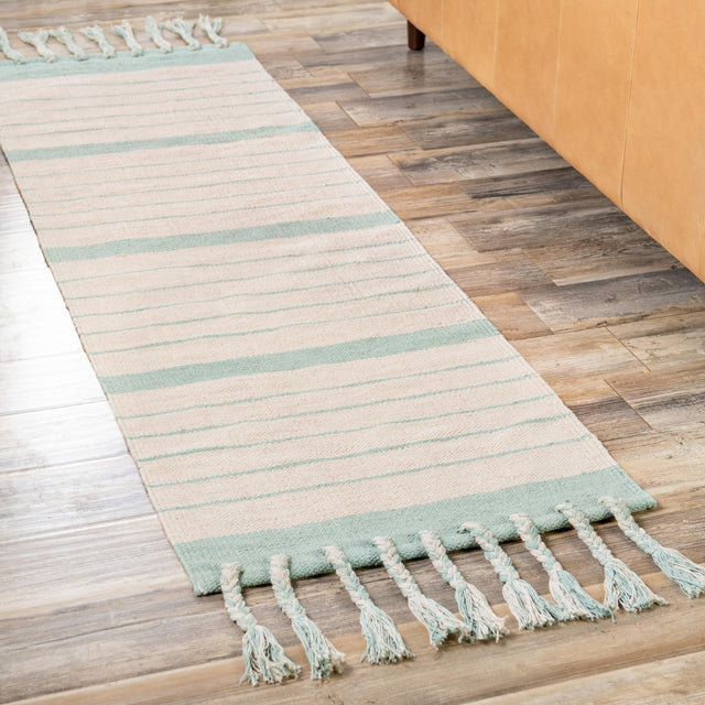 White and Aqua 3' x 10' Chindi Cotton Runner Rug