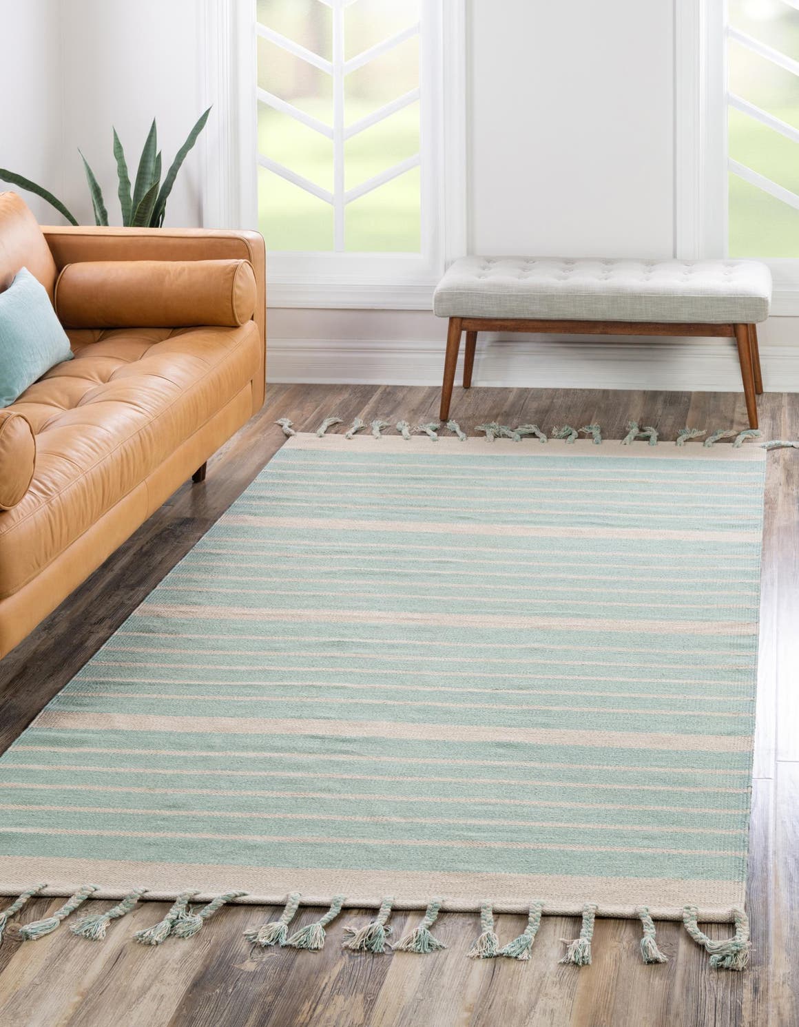 Aqua and White 6' 1 x 9' Chindi Cotton Rectangle Area Rug Interior Design Home Decor Carpet Mat for Sale at Rug Engine
