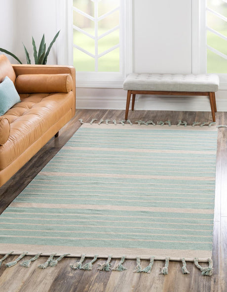 Aqua and White 4' 1 x 6' 1 Chindi Cotton Rectangle Rug