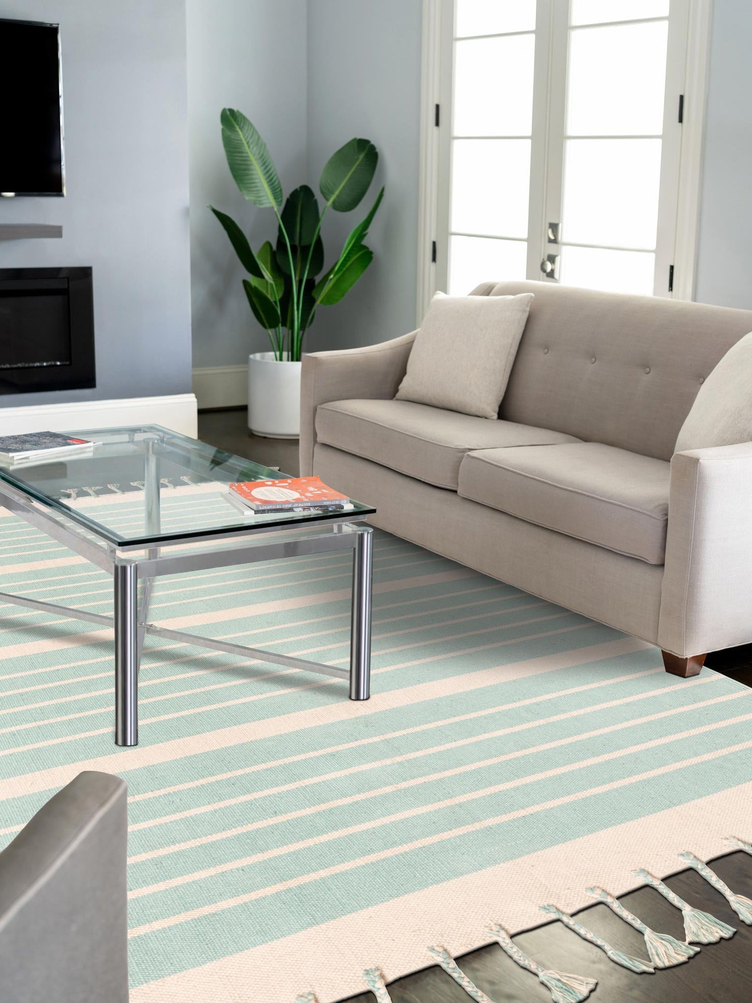 Aqua and White 4' 1 x 6' 1 Chindi Cotton Rectangle Area Rug Interior Design Home Decor Carpet Mat for Sale at Rug Engine