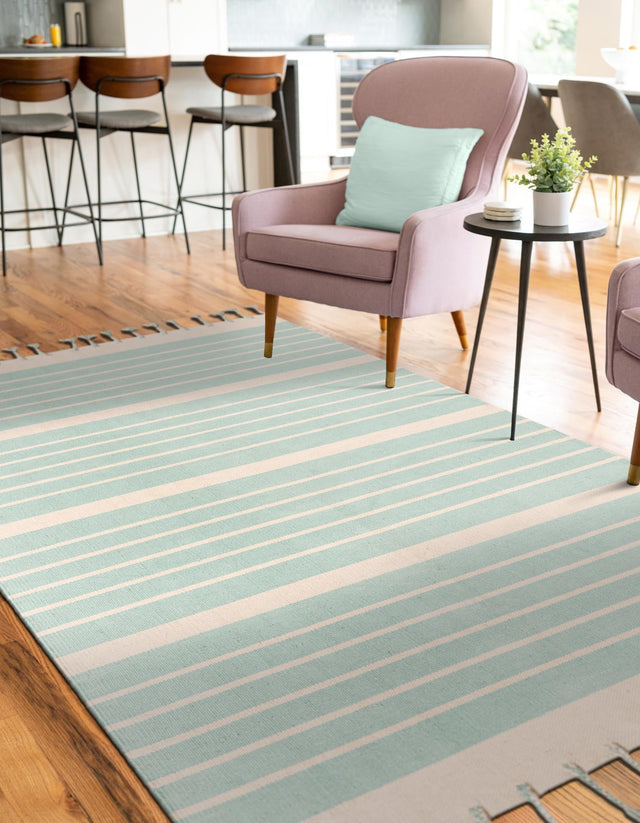 Aqua and White 2' x 3' 1 Chindi Cotton Rectangle Rug