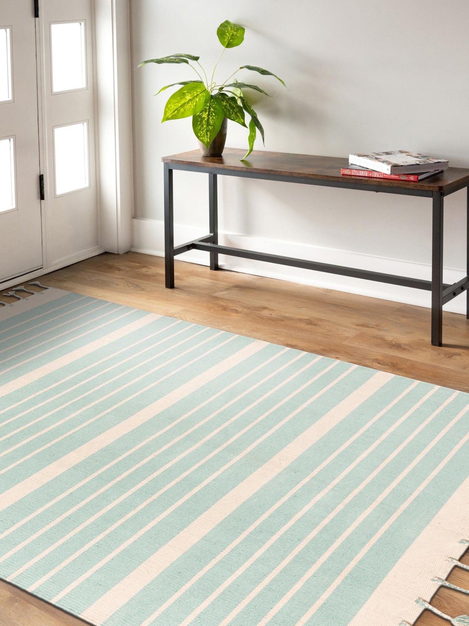 Aqua and White 5' 1 x 8' Chindi Cotton Rectangle Area Rug Interior Design Home Decor Carpet Mat for Sale at Rug Engine