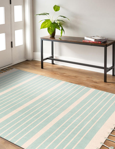 Aqua and White 9' x 12' Chindi Cotton Rectangle Area Rug Interior Design Home Decor Carpet Mat for Sale at Rug Engine