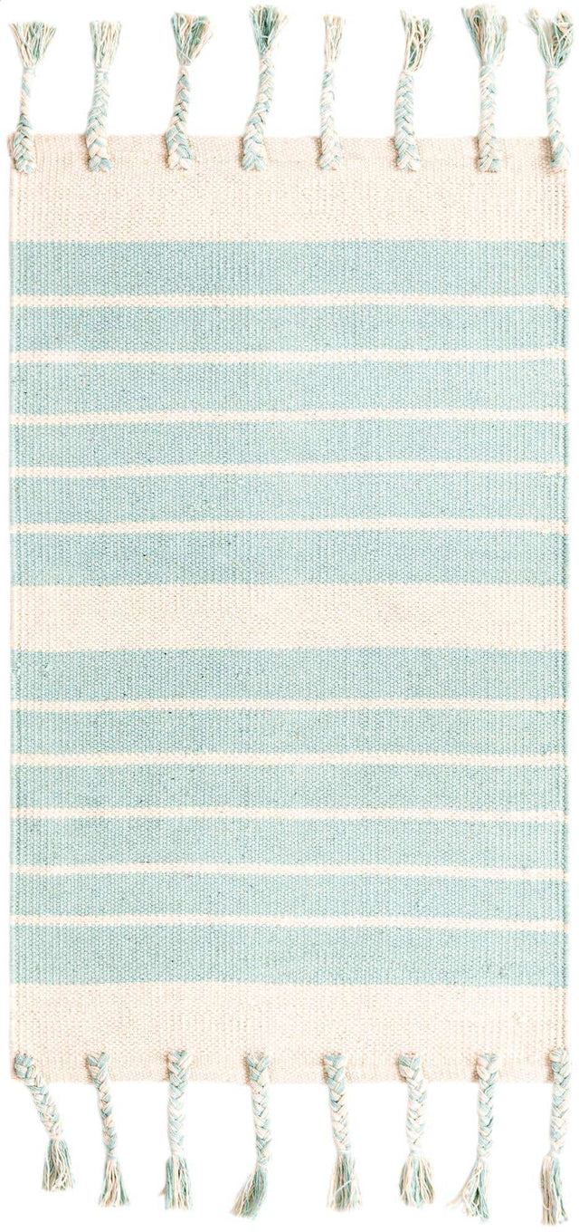 Aqua and White 2' x 3' 1 Chindi Cotton Rectangle Rug