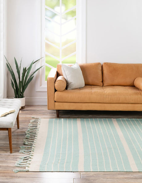 Aqua and White 7' 1 x 7' 1 Chindi Cotton Square Rug