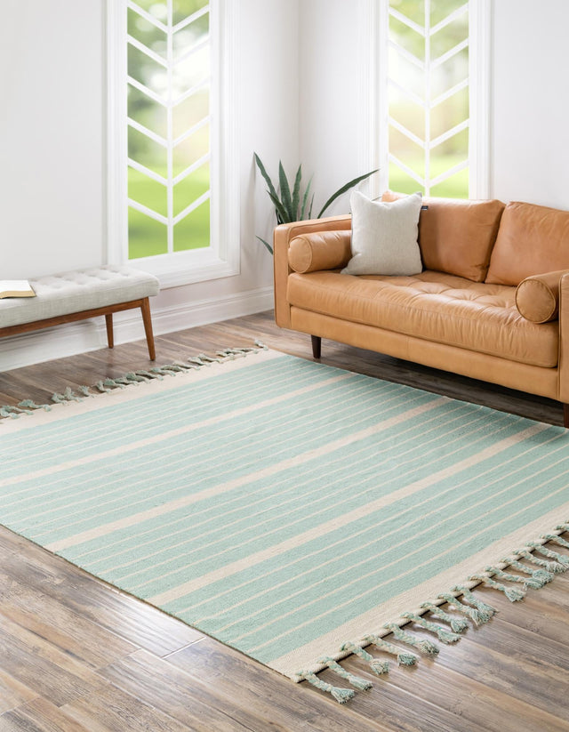 Aqua and White 7' 1 x 7' 1 Chindi Cotton Square Rug