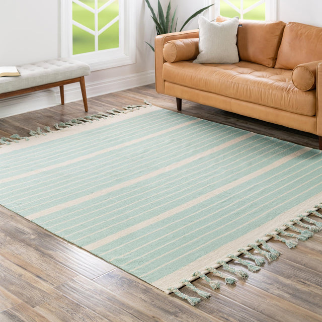 Aqua and White 7' 1 x 7' 1 Chindi Cotton Square Rug