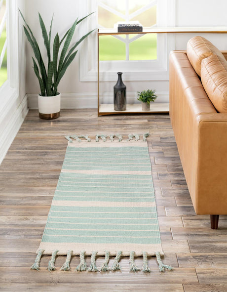 Aqua and White 3' x 10' Chindi Cotton Runner Rug