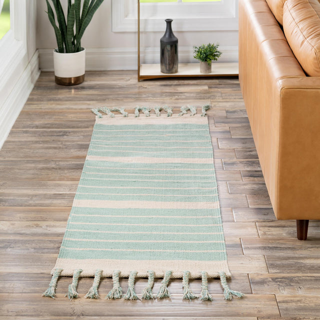 Aqua and White 3' x 10' Chindi Cotton Runner Rug