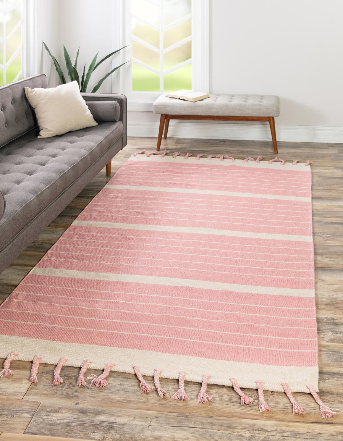 Pink and White 6' 1 x 9' Chindi Cotton Rectangle Area Rug Interior Design Home Decor Carpet Mat for Sale at Rug Engine