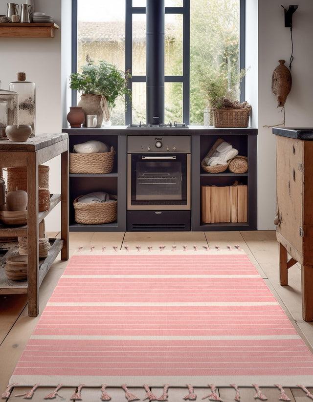 Pink and White 2' x 3' 1 Chindi Cotton Rectangle Rug