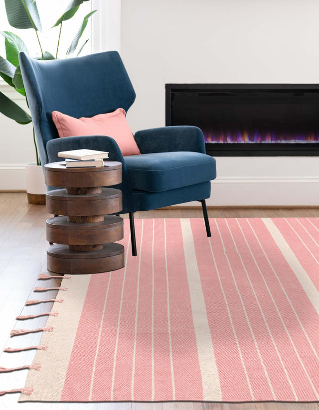 Pink and White 2' x 3' 1 Chindi Cotton Rectangle Rug