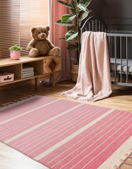 Pink and White 2' x 3' 1 Chindi Cotton Rectangle Rug