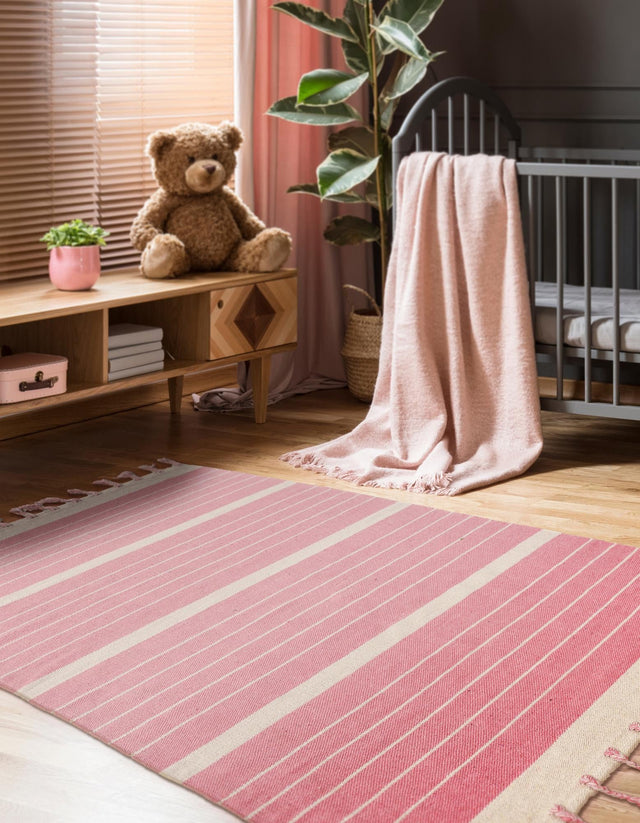 Pink and White 2' x 3' 1 Chindi Cotton Rectangle Rug