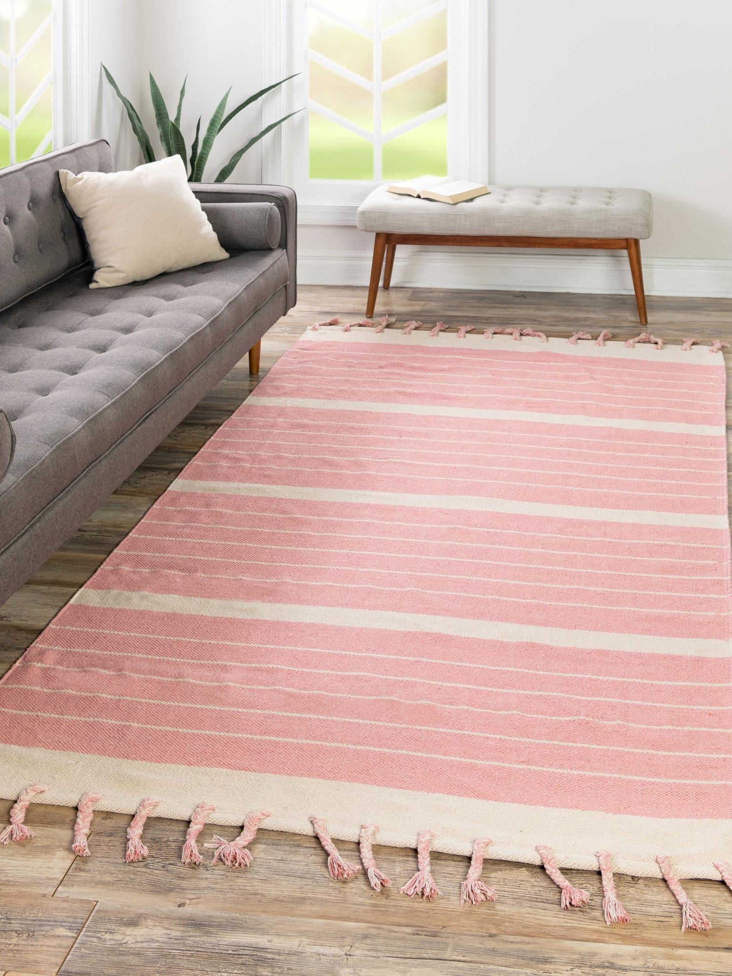 Pink and White 4' 1 x 6' 1 Chindi Cotton Rectangle Area Rug Interior Design Home Decor Carpet Mat for Sale at Rug Engine