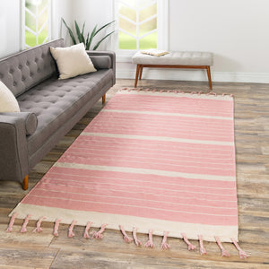Pink and White 2' x 3' 1 Chindi Cotton Rectangle Rug