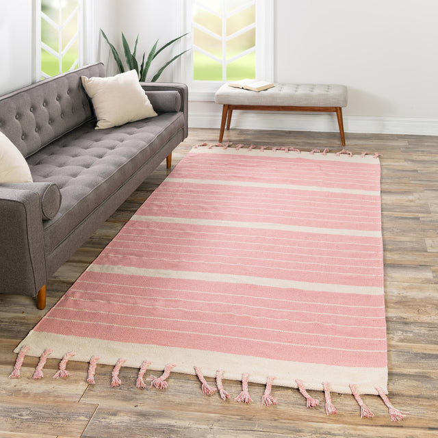 Pink and White 2' x 3' 1 Chindi Cotton Rectangle Rug
