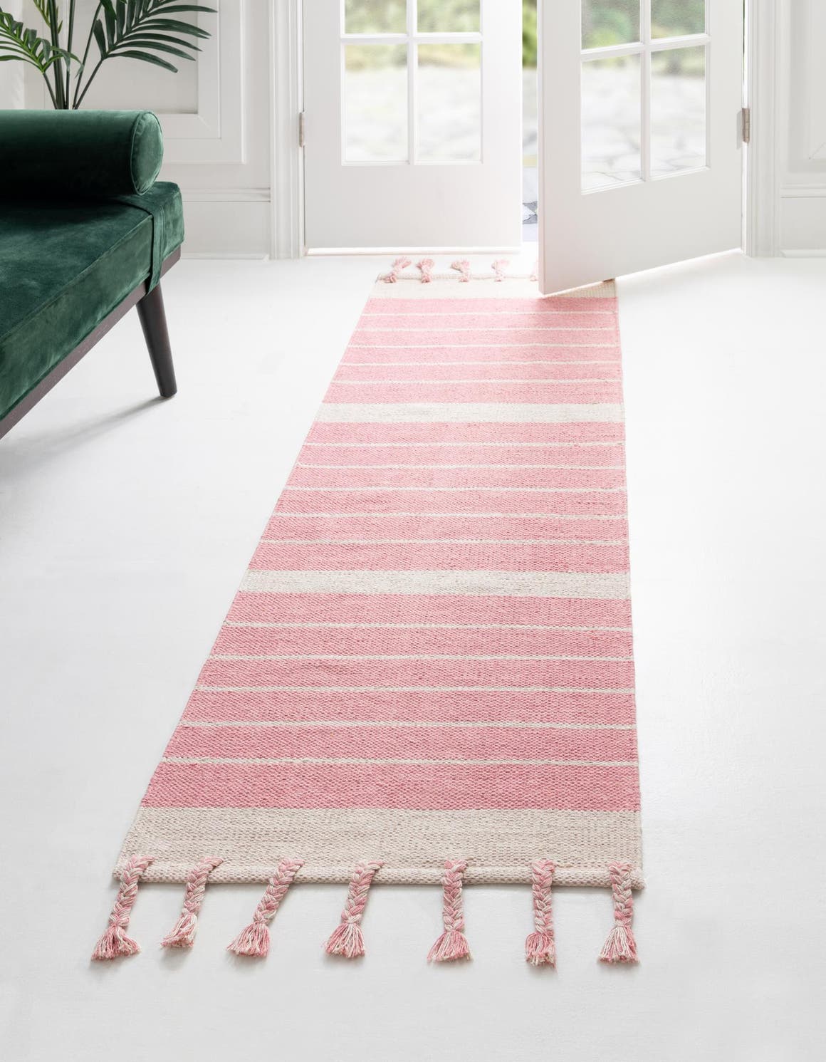 Pink and White 2' 2 x 6' 1 Chindi Cotton Runner Area Rug Interior Design Home Decor Carpet Mat for Sale at Rug Engine