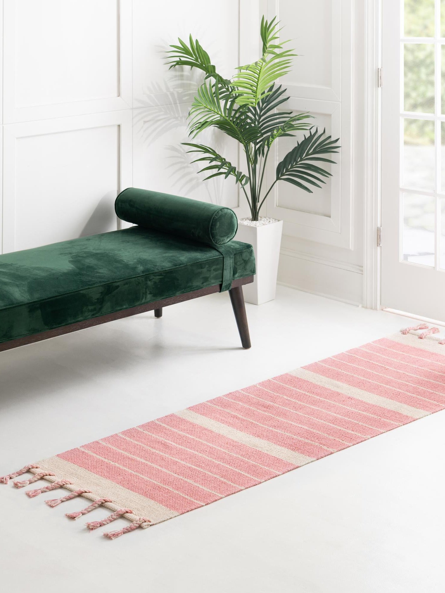 Pink and White 2' 2 x 6' 1 Chindi Cotton Runner Area Rug Interior Design Home Decor Carpet Mat for Sale at Rug Engine