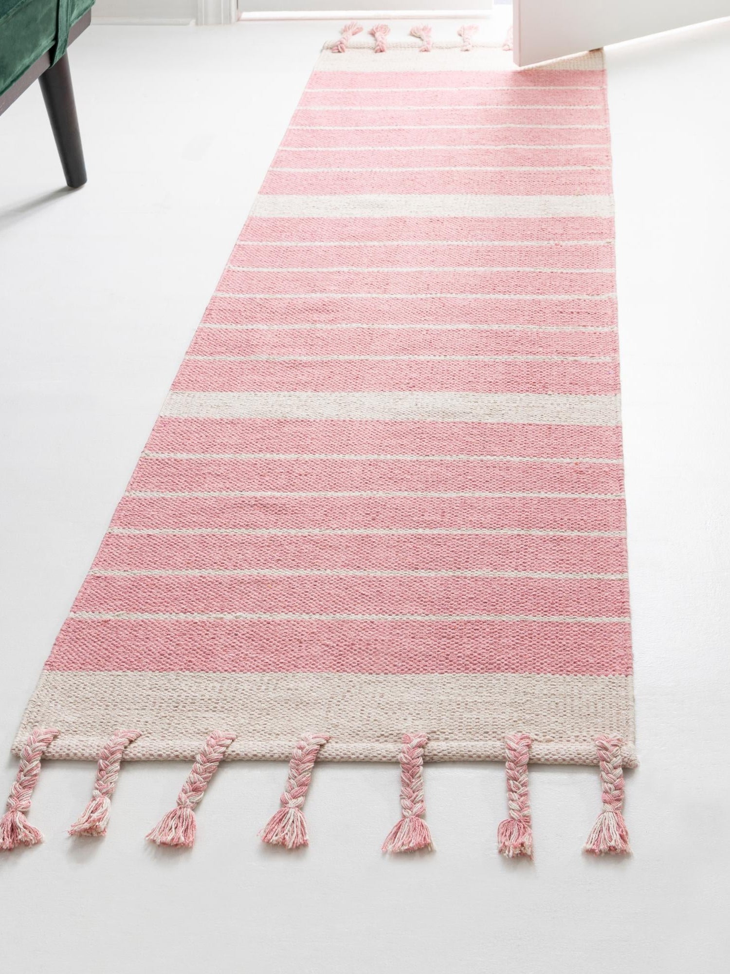 Pink and White 2' 2 x 6' 1 Chindi Cotton Runner Area Rug Interior Design Home Decor Carpet Mat for Sale at Rug Engine