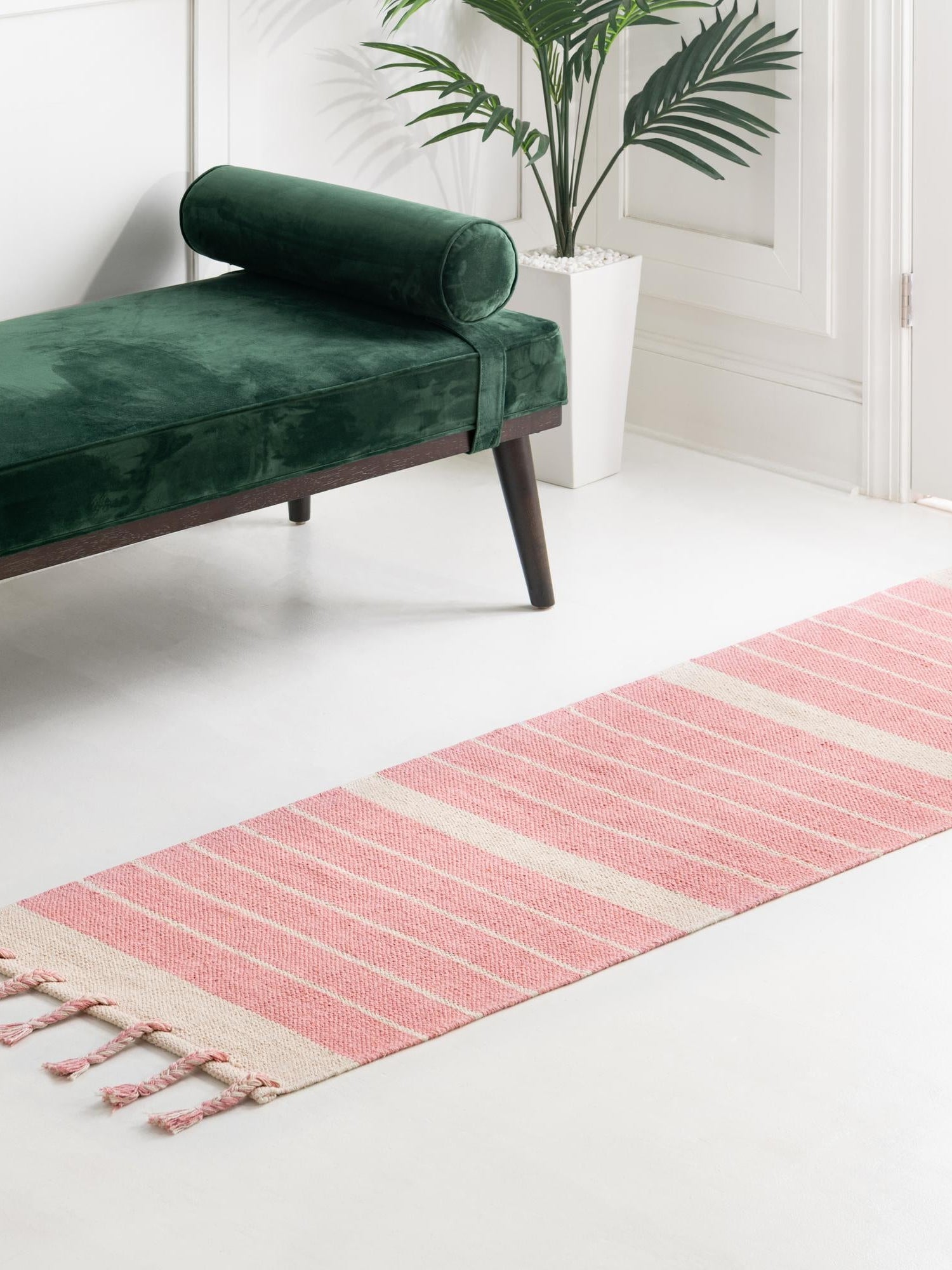 Pink and White 2' 7 x 10' Chindi Cotton Runner Area Rug Interior Design Home Decor Carpet Mat for Sale at Rug Engine