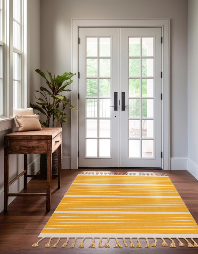 Gold and White 6' 1 x 9' Chindi Cotton Rectangle Rug