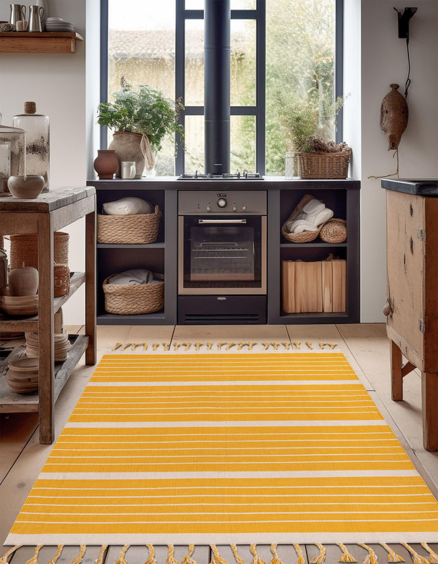 Gold and White 6' 1 x 9' Chindi Cotton Rectangle Rug