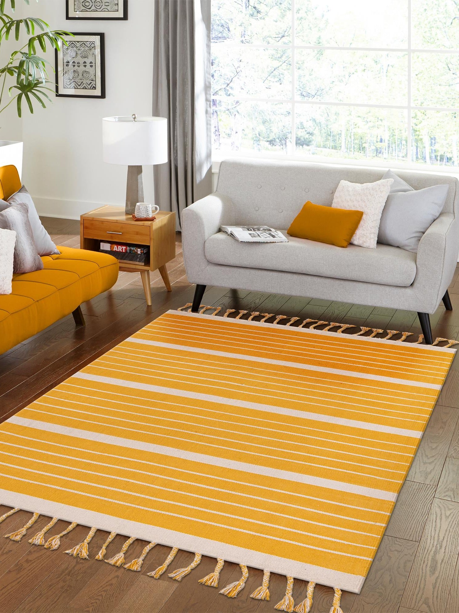 Gold and White 9' x 12' Chindi Cotton Rectangle Area Rug Interior Design Home Decor Carpet Mat for Sale at Rug Engine