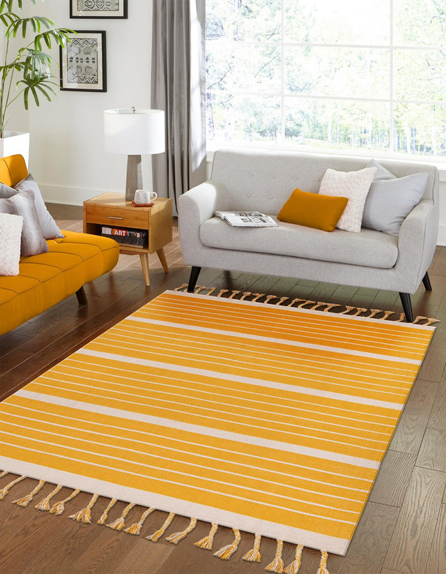 Gold and White 6' 1 x 9' Chindi Cotton Rectangle Rug