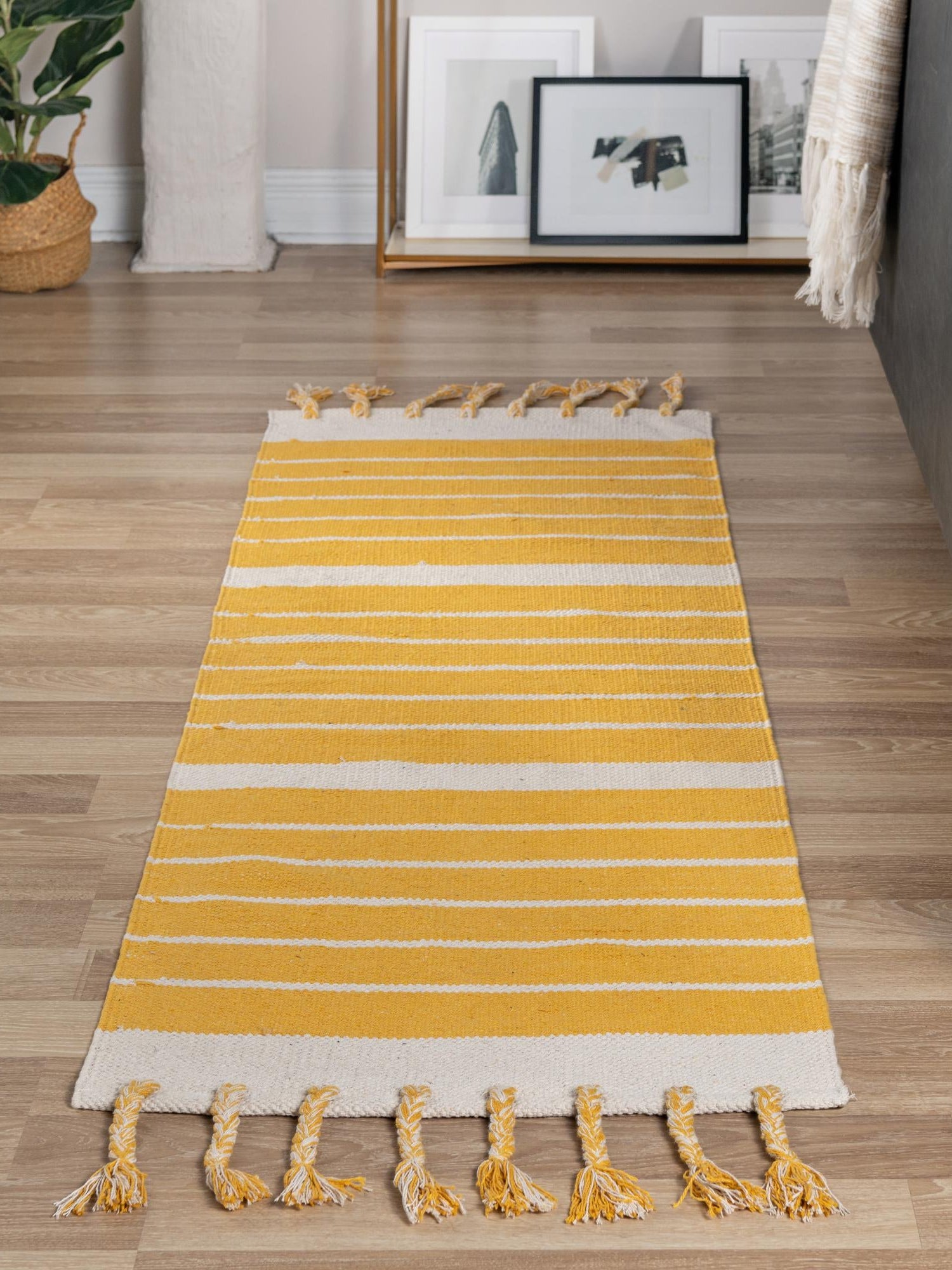 Gold and White 2' 7 x 10' Chindi Cotton Runner Area Rug Interior Design Home Decor Carpet Mat for Sale at Rug Engine
