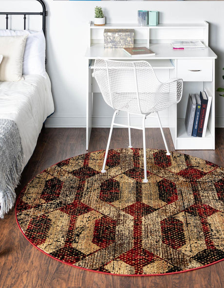 Burgundy 5' 3 x 5' 3 Saturn Round Area Rug Stain Resistant Easy Clean Classic Vintage Design Durable Carpet for Affordable Home Interiors for Sale at Rug Engine