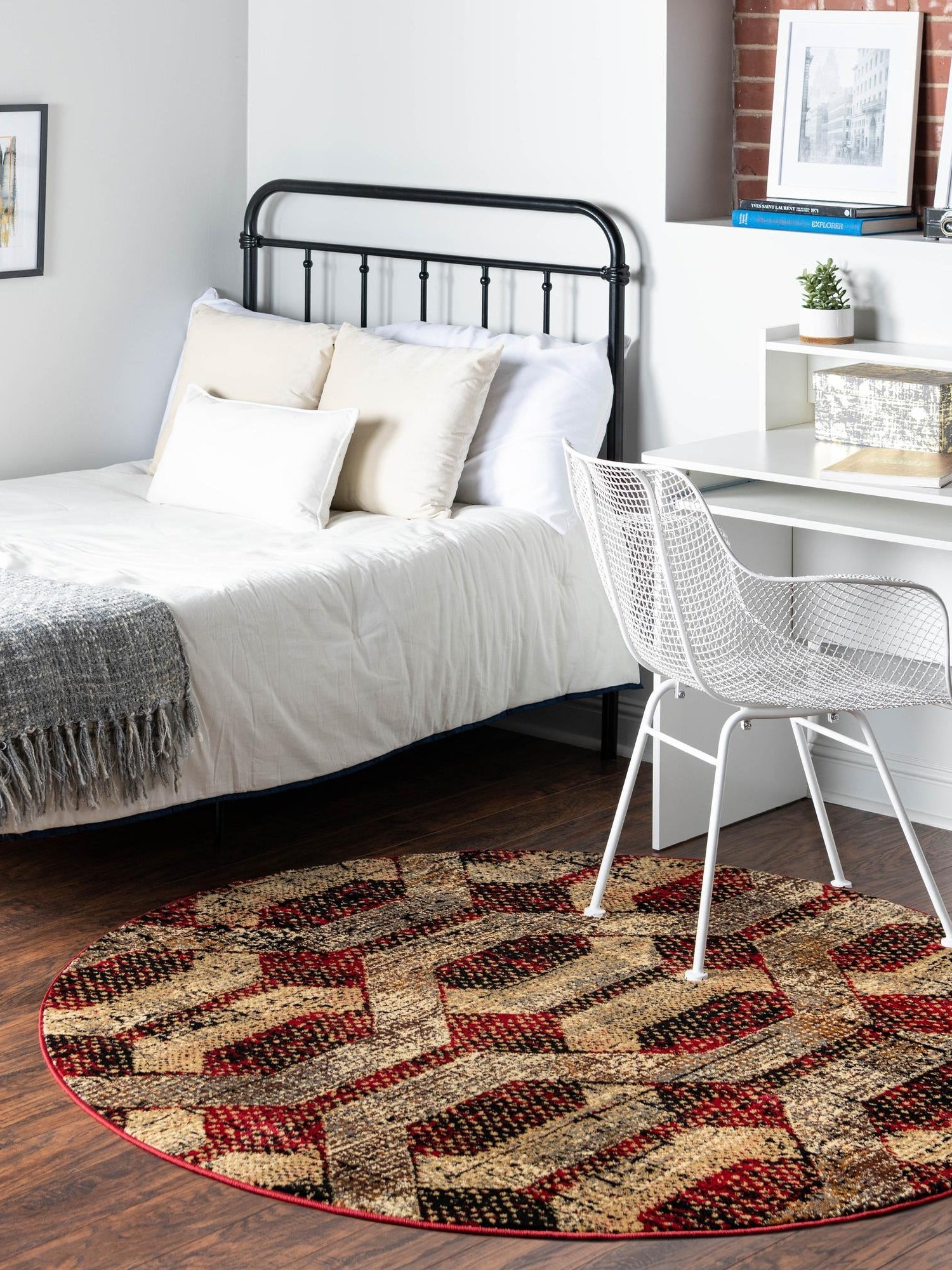 Burgundy 7' x 7' Saturn Round Area Rug Stain Resistant Easy Clean Classic Vintage Design Durable Carpet for Affordable Home Interiors for Sale at Rug Engine