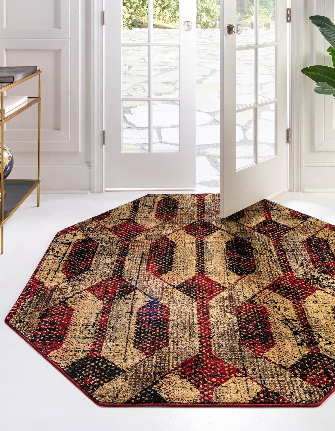 Burgundy 3' 3 x 3' 3 Saturn Octagon Area Rug Stain Resistant Easy Clean Classic Vintage Design Durable Carpet for Affordable Home Interiors for Sale at Rug Engine