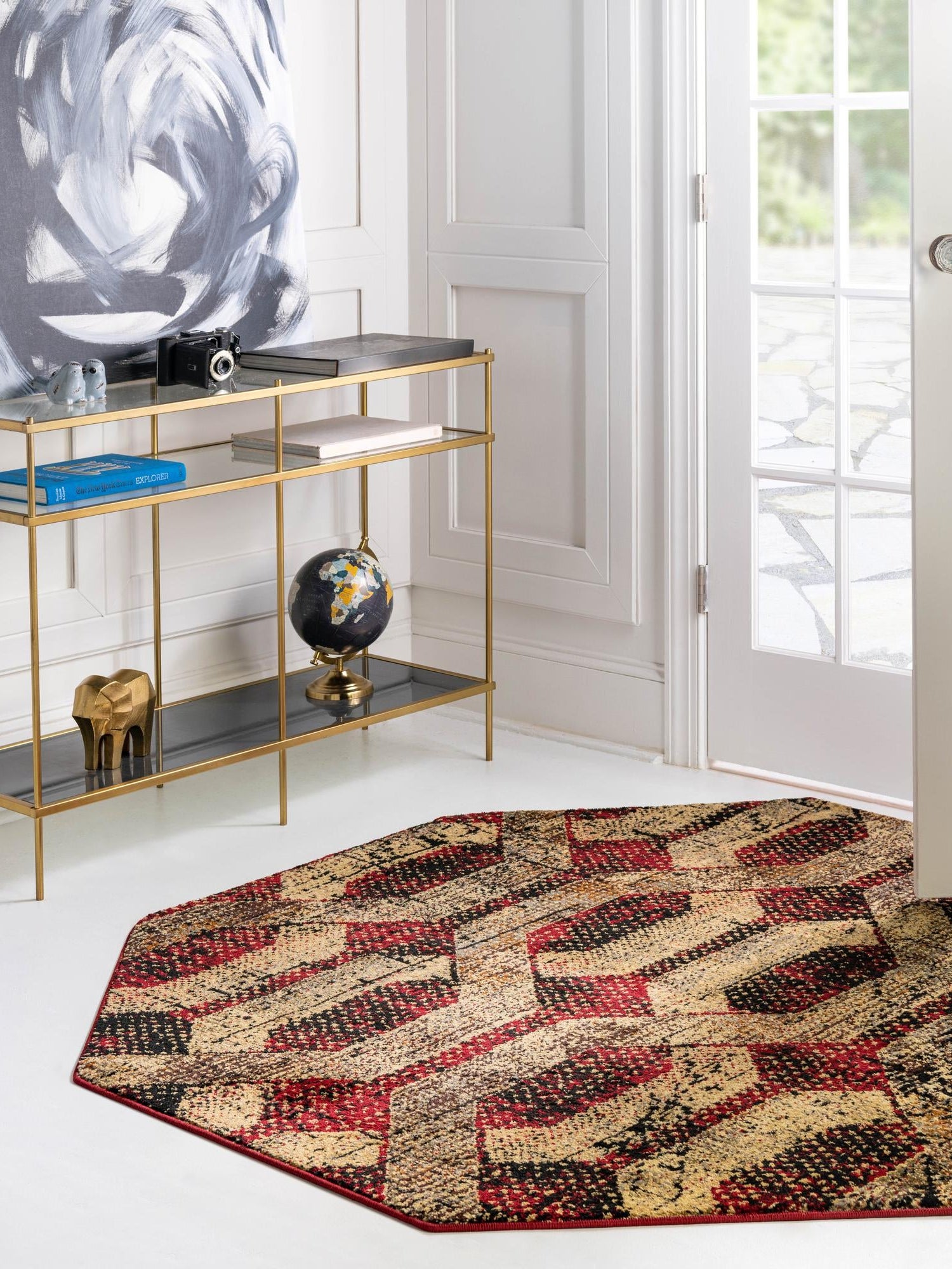 Burgundy 5' 3 x 5' 3 Saturn Octagon Area Rug Stain Resistant Easy Clean Classic Vintage Design Durable Carpet for Affordable Home Interiors for Sale at Rug Engine