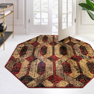 Burgundy 8' x 8' Saturn Octagon Area Rug Stain Resistant Easy Clean Classic Vintage Design Durable Carpet for Affordable Home Interiors for Sale at Rug Engine