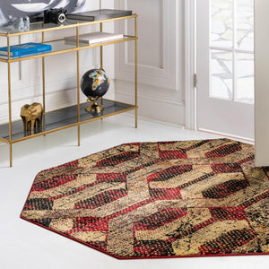 Burgundy 8' x 8' Saturn Octagon Area Rug Stain Resistant Easy Clean Classic Vintage Design Durable Carpet for Affordable Home Interiors for Sale at Rug Engine