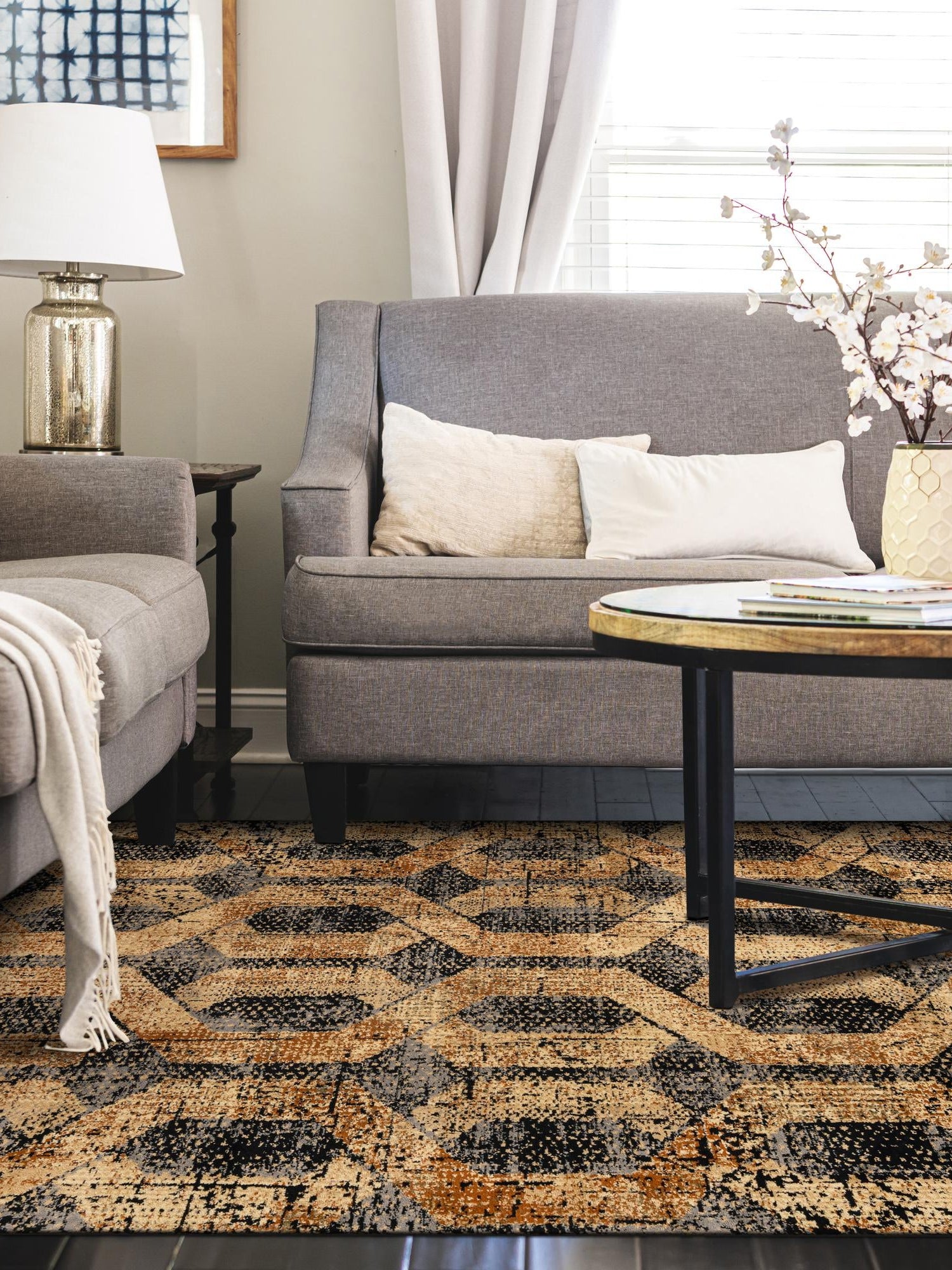 Black Gray 6' x 9' Saturn Rectangle Area Rug Stain Resistant Easy Clean Classic Vintage Design Durable Carpet for Affordable Home Interiors for Sale at Rug Engine