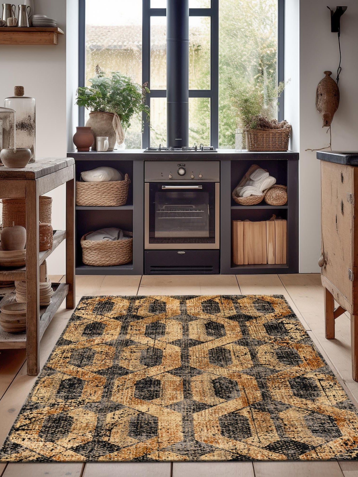 Black Gray 4' x 6' Saturn Rectangle Area Rug Stain Resistant Easy Clean Classic Vintage Design Durable Carpet for Affordable Home Interiors for Sale at Rug Engine