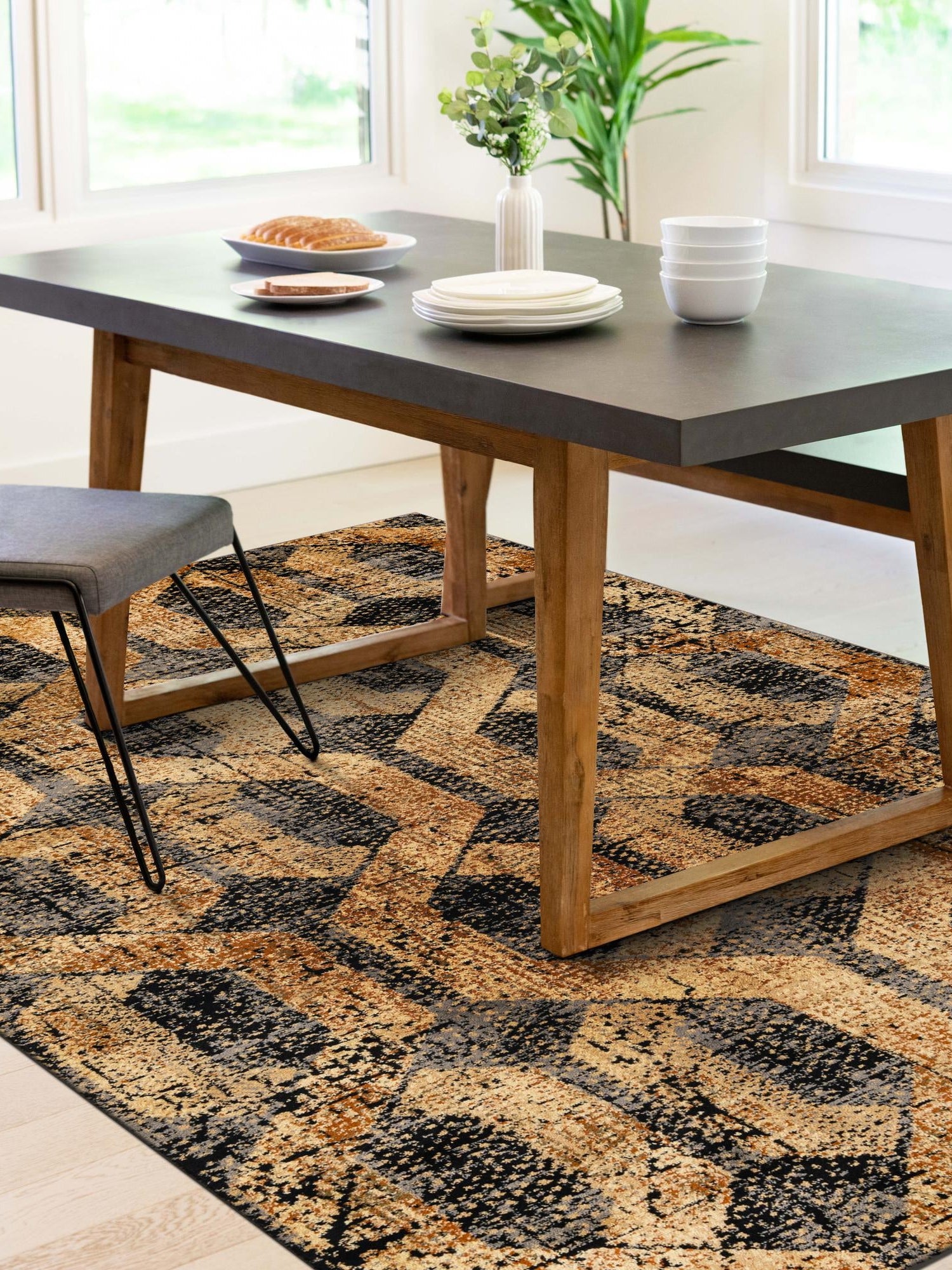Black Gray 5' 3 x 8' Saturn Rectangle Area Rug Stain Resistant Easy Clean Classic Vintage Design Durable Carpet for Affordable Home Interiors for Sale at Rug Engine