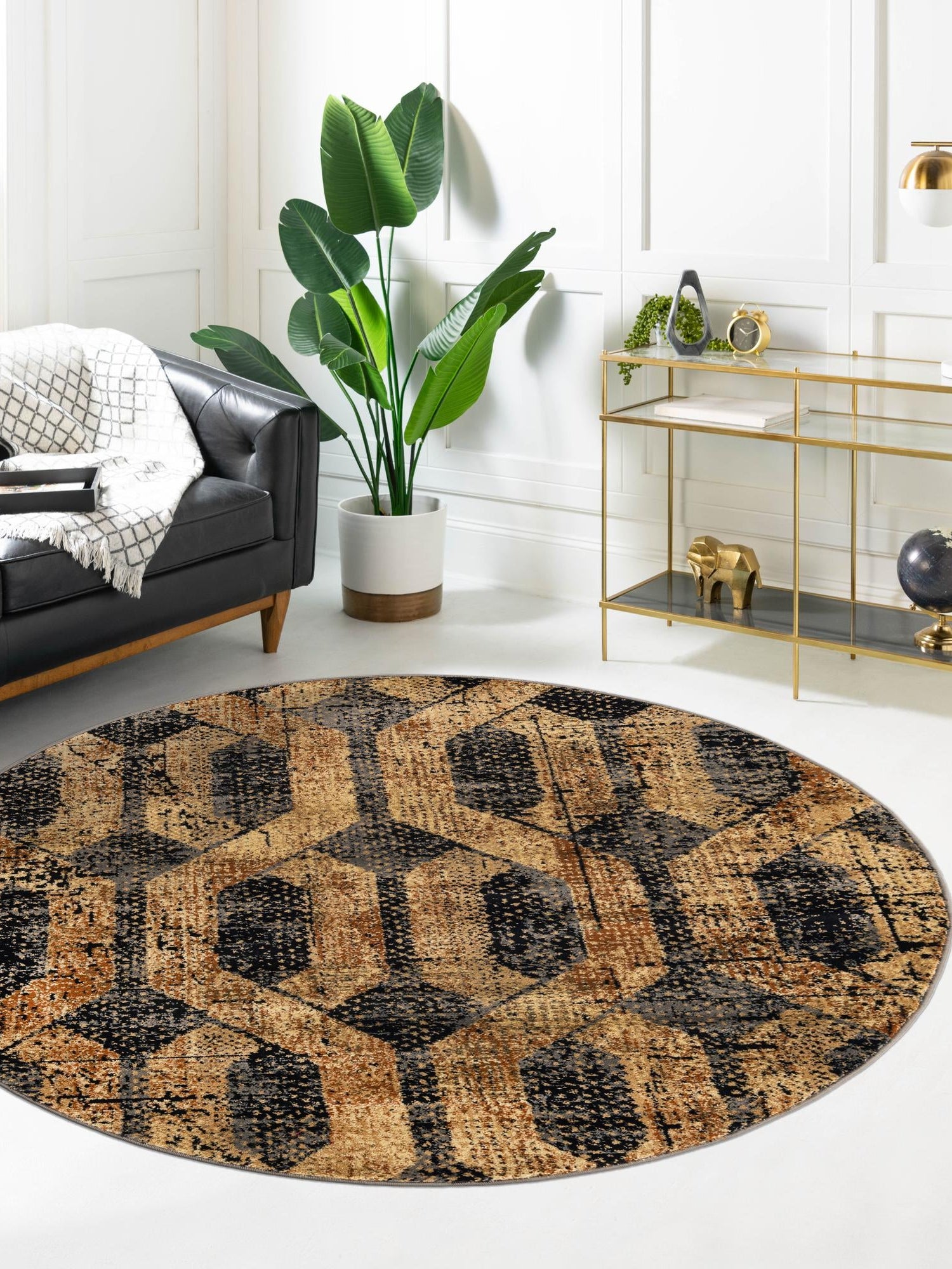 Black Gray 7' 10 x 7' 10 Saturn Round Area Rug Stain Resistant Easy Clean Classic Vintage Design Durable Carpet for Affordable Home Interiors for Sale at Rug Engine