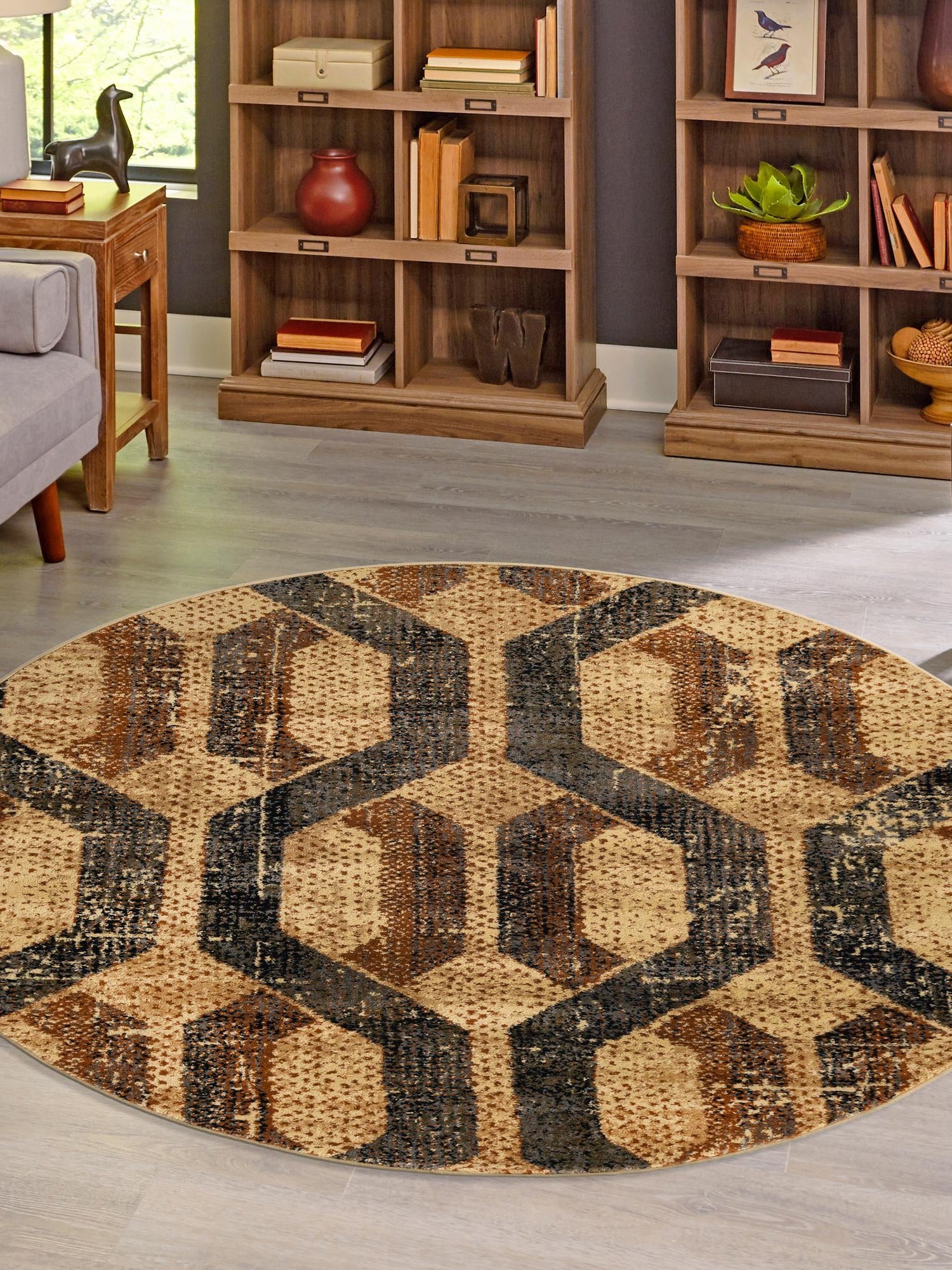 Beige Cream 7' x 7' Saturn Round Area Rug Stain Resistant Easy Clean Classic Vintage Design Durable Carpet for Affordable Home Interiors for Sale at Rug Engine