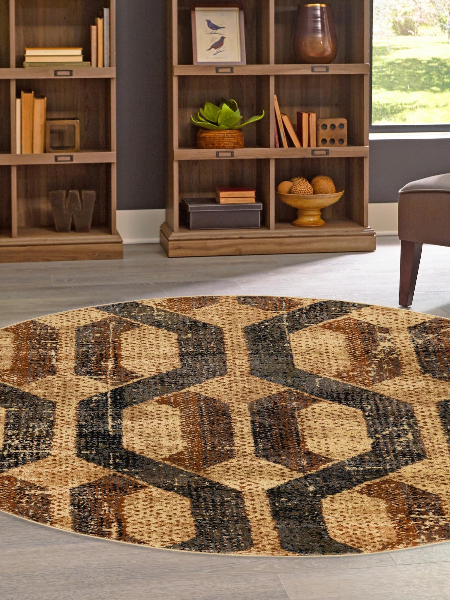 Beige Cream 5' 3 x 5' 3 Saturn Round Area Rug Stain Resistant Easy Clean Classic Vintage Design Durable Carpet for Affordable Home Interiors for Sale at Rug Engine