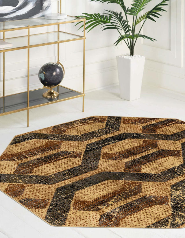 Beige Cream 3' 3 x 3' 3 Saturn Octagon Area Rug Stain Resistant Easy Clean Classic Vintage Design Durable Carpet for Affordable Home Interiors for Sale at Rug Engine