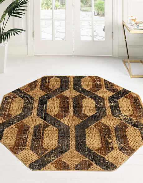 Beige Cream 3' 3 x 3' 3 Saturn Octagon Area Rug Stain Resistant Easy Clean Classic Vintage Design Durable Carpet for Affordable Home Interiors for Sale at Rug Engine