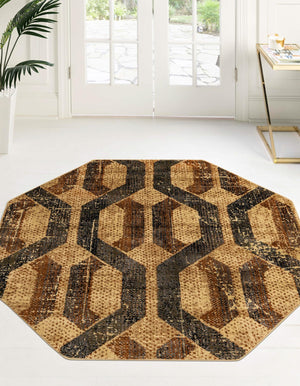 Beige Cream 5' 3 x 5' 3 Saturn Octagon Area Rug Stain Resistant Easy Clean Classic Vintage Design Durable Carpet for Affordable Home Interiors for Sale at Rug Engine