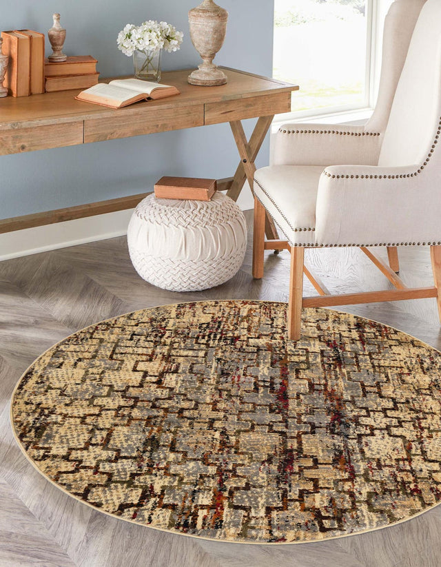 Beige Cream 7' 1 x 7' 1 Saturn Round Area Rug Stain Resistant Easy Clean Classic Vintage Design Durable Carpet for Affordable Home Interiors for Sale at Rug Engine