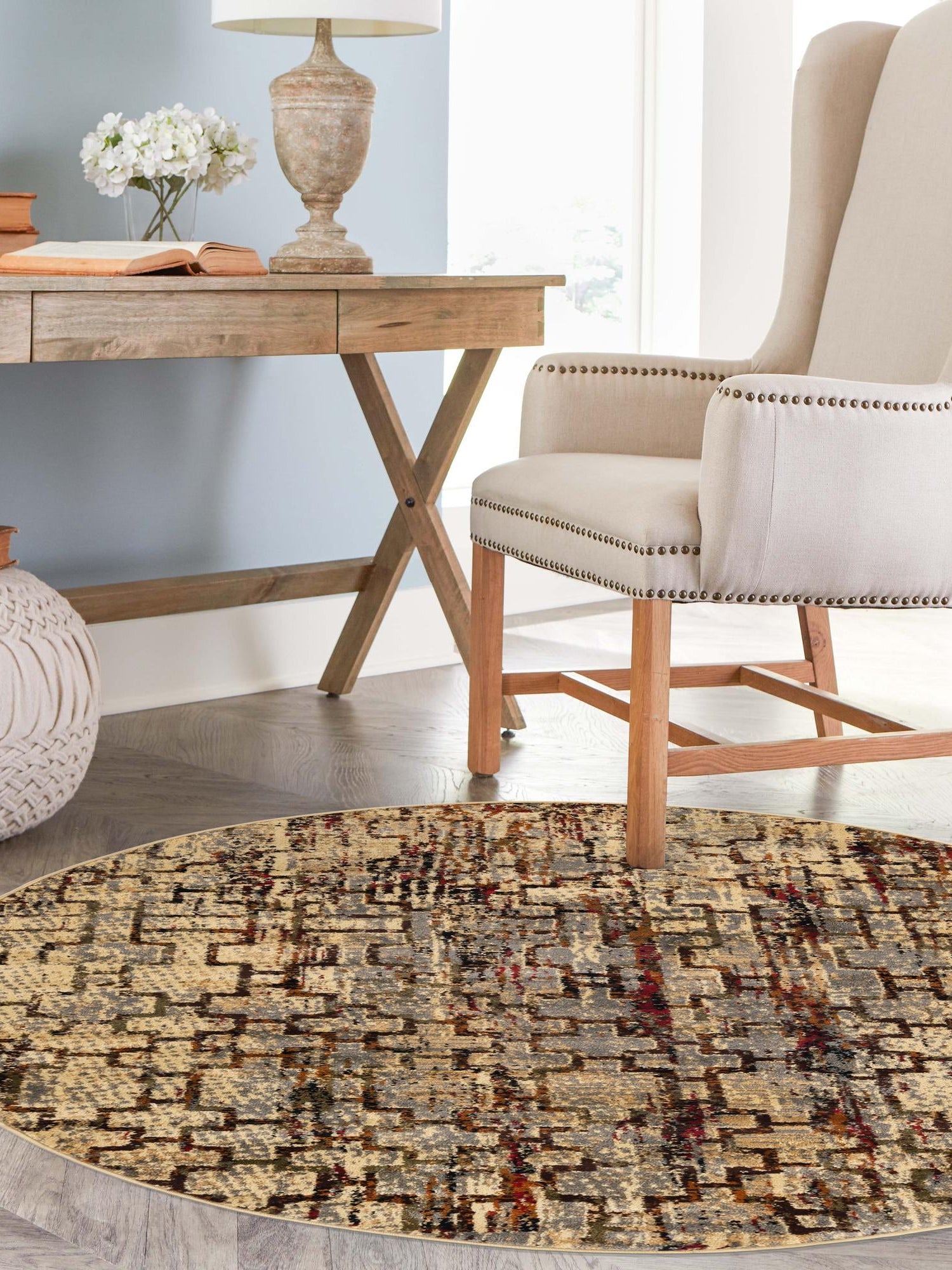 Beige Cream 7' 10 x 7' 10 Saturn Round Area Rug Stain Resistant Easy Clean Classic Vintage Design Durable Carpet for Affordable Home Interiors for Sale at Rug Engine